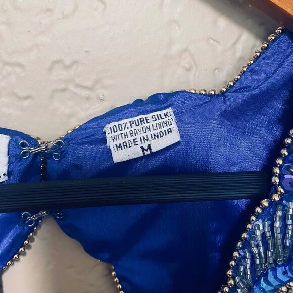 Linzas Vintage Y2K Straight Dress Gown Size Medium Blue Silk Sequined - Picture 3 of 10